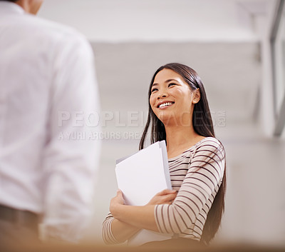 Buy stock photo Office, documents and business people in discussion, meeting and talking in Japanese workplace. Professional, creative agency and man and woman with project for planning, collaboration and teamwork
