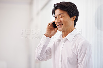 Buy stock photo Man, thinking and phone call for business in office with networking discussion to b2b client. Project, ideas and contact entrepreneur for feedback conversation, communication and planning a decision