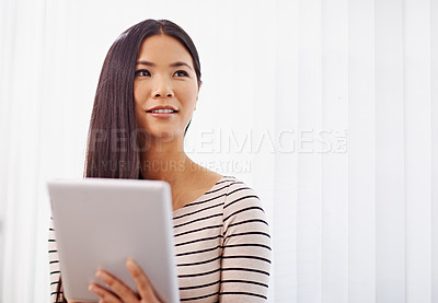 Buy stock photo Asian woman, thinking and tablet for creative career in web development, information technology and thoughts for app. Japanese girl or designer, digital tech and internet for startup online website.