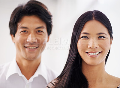 Buy stock photo Portrait, Asian woman and man in office, collaboration and employees in corporate company with teamwork. Colleagues, girl and male person working together for project of startup business with smile