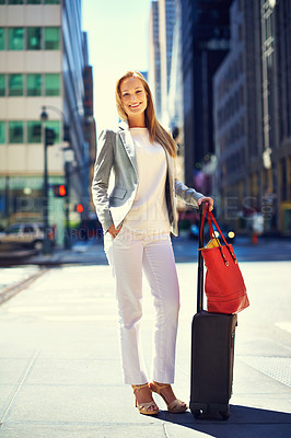 Buy stock photo Business woman, travel and portrait on sidewalk with smile for journey with walking, suit and outdoor. Person, happy and luggage with pride, bag and metro street by skyscraper buildings in New York