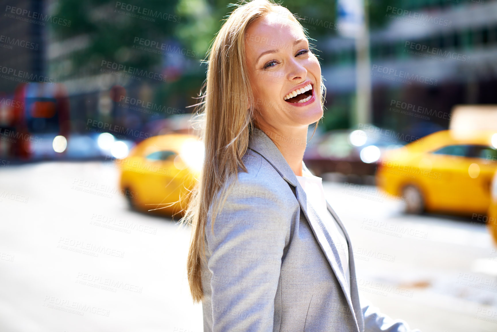 Buy stock photo Laugh, professional and portrait of businesswoman, city or urban for corporate employee. Confidence, smile and commute or travel to workplace in New York, business consultant and entrepreneur