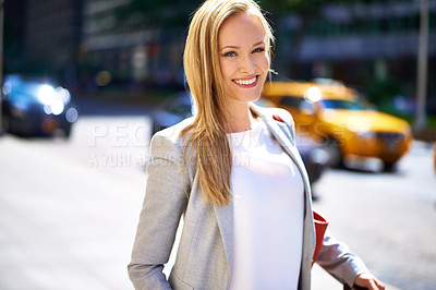 Buy stock photo Smile, urban and businesswoman in city, commute and travel to workplace on street. Portrait, confidence and happiness for business consultant in New York, freelance or entrepreneur career for company