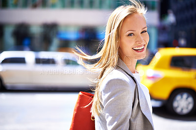 Buy stock photo Woman, portrait and smile with city, walk and commute for work or career. Designer, job and new york street with urban, summer and happiness with confident and creative business travel in downtown