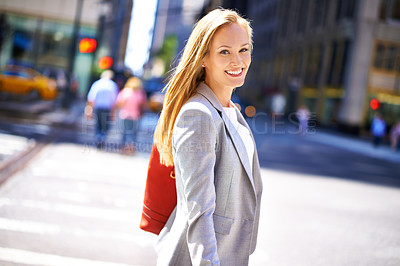 Buy stock photo Woman, portrait and smile with city, travel and commute for work or career. Designer, job and new york street with urban, summer and happiness with confident and creative business walk in downtown