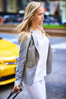 Buy stock photo Business woman, luggage and walking in city with traffic on travel, suit and outdoor in street. Person, thinking and baggage for global journey with direction on sidewalk by cars in road in New York