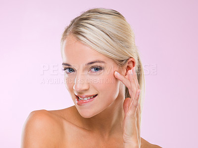 Buy stock photo Woman, portrait and skincare dermatology in studio for healthy treatment, pink background or confidence. Female person, face and hand for makeup cosmetics or beauty wellness, hygiene or mockup space