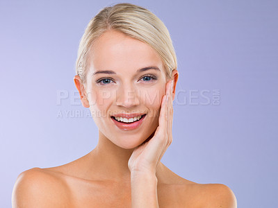 Buy stock photo Woman, portrait and skincare cosmetics with hand for healthy treatment, pink background or confidence. Female person, face and smile or makeup beauty as dermatology wellness, studio or mockup space