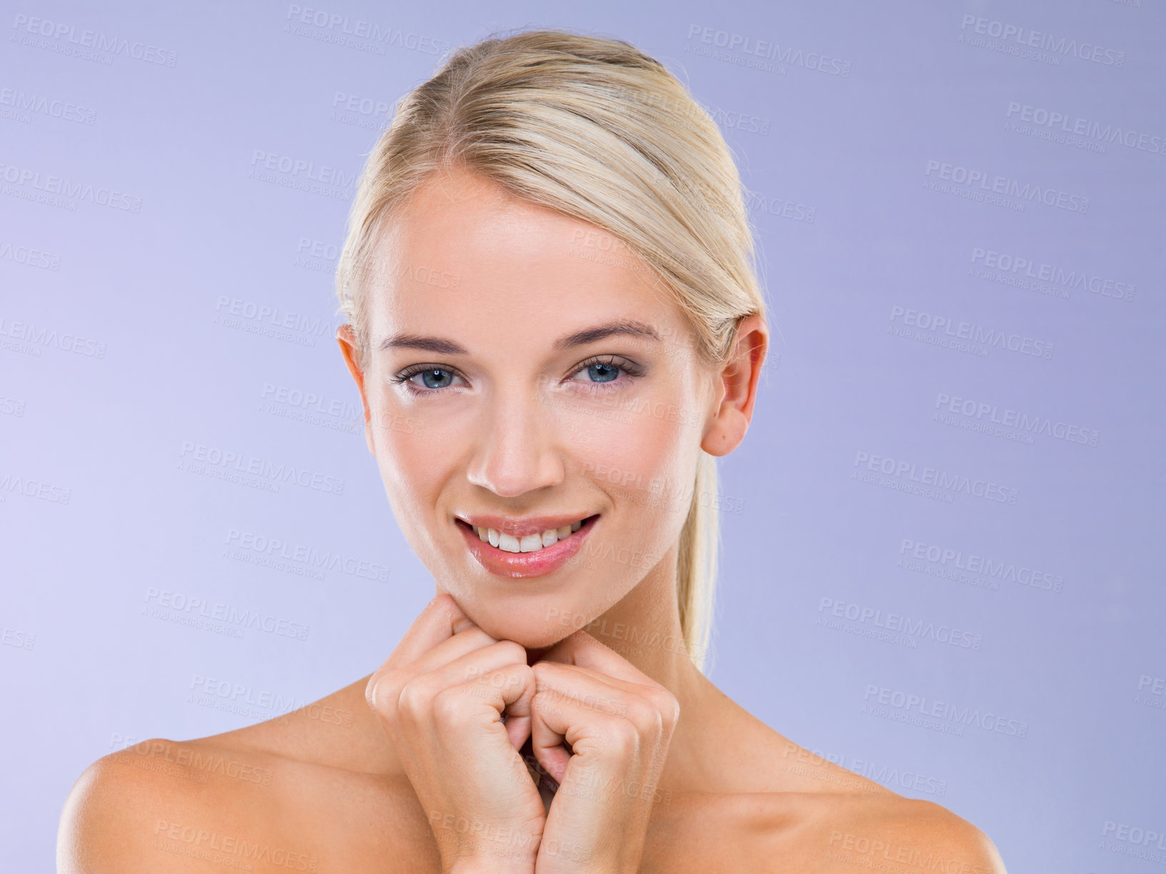 Buy stock photo Woman, portrait and skincare smile in studio for healthy beauty, purple background or confidence. Female person, face and smile or makeup cosmetics as dermatology wellness, self care or mockup space