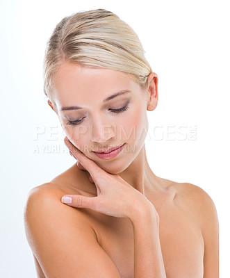 Buy stock photo A young woman with beautiful skin isolated on white