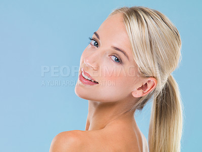 Buy stock photo Smile, skincare and portrait of woman in studio with dermatology, glow and facial treatment. Happy, beauty and female model with health, wellness and face routine by blue background with mockup.