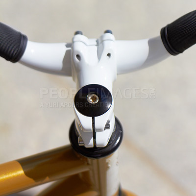Buy stock photo Fitness, sports and handle with a closeup of a bike outdoor from above for a cycle or ride for cardio training. Exercise, health and a bicycle outdoor for an endurance workout or cycling marathon
