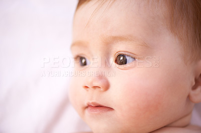 Buy stock photo Closeup, girl and baby on bed with curiosity for childhood development, growth and relax in nursery. Newborn, ginger and kid with wonder for wellness, knowledge and calm child in bedroom from above