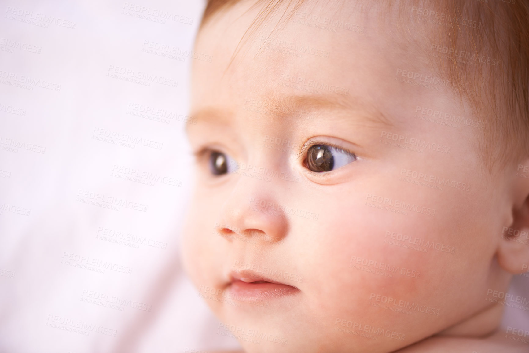 Buy stock photo Closeup, girl and baby on bed with curiosity for childhood development, growth and relax in nursery. Newborn, ginger and kid with wonder for wellness, knowledge and calm child in bedroom from above