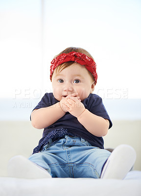 Buy stock photo Portrait, sitting and bed for baby fashion in family home, cute and trendy street style on curious girl toddler. Creative, child development and growth, adorable headband accessory with funky clothes