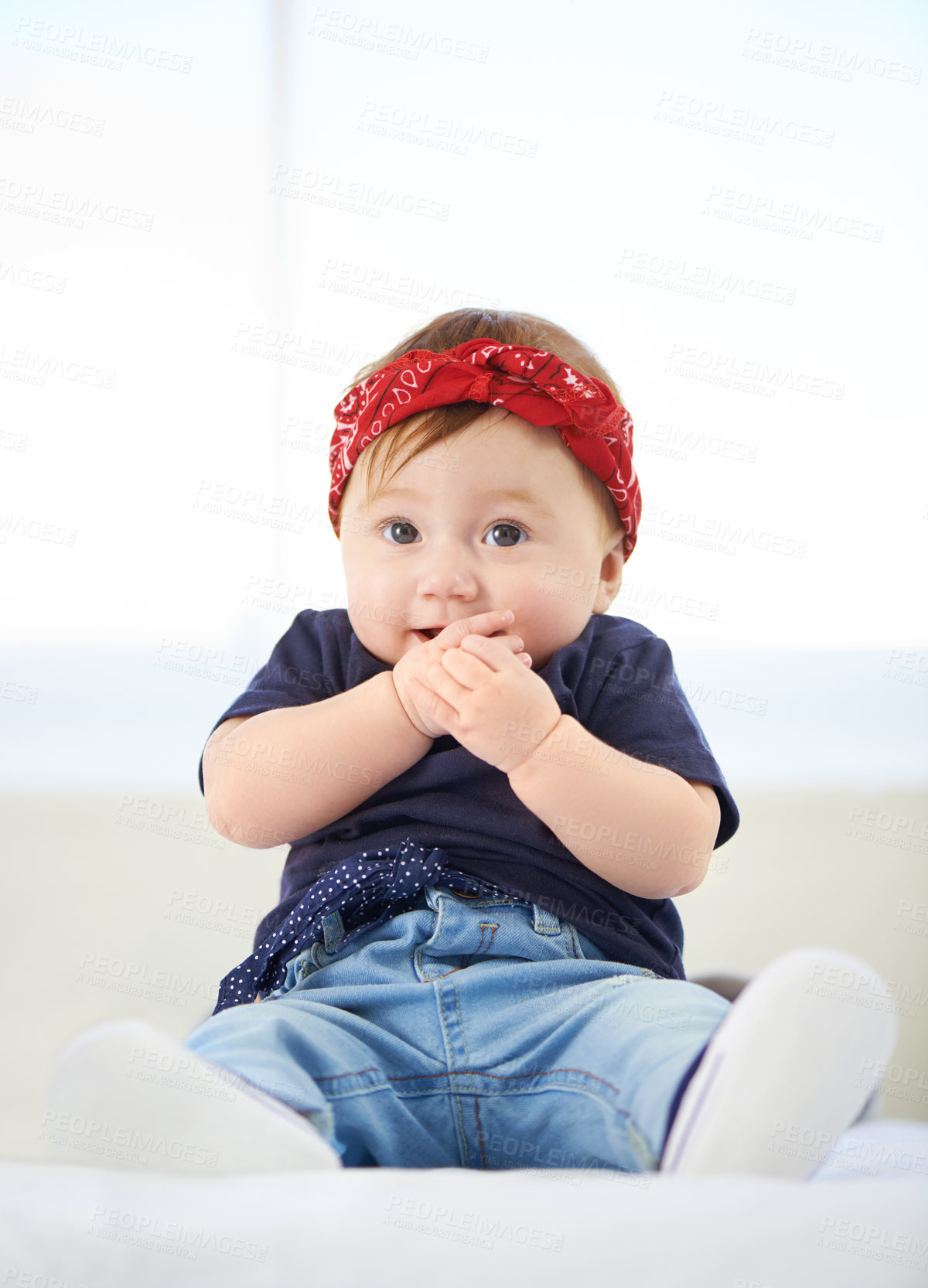 Buy stock photo Portrait, sitting and bed for baby fashion in family home, cute and trendy street style on curious girl toddler. Creative, child development and growth, adorable headband accessory with funky clothes