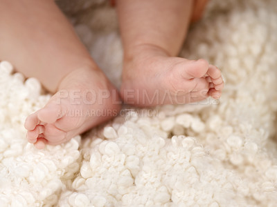 Buy stock photo Feet, comfort and rest for sleeping baby, tired or peaceful kid and nurture in blanket for relaxing in nursery. Child development, barefoot newborn or health, childcare and family home with growth