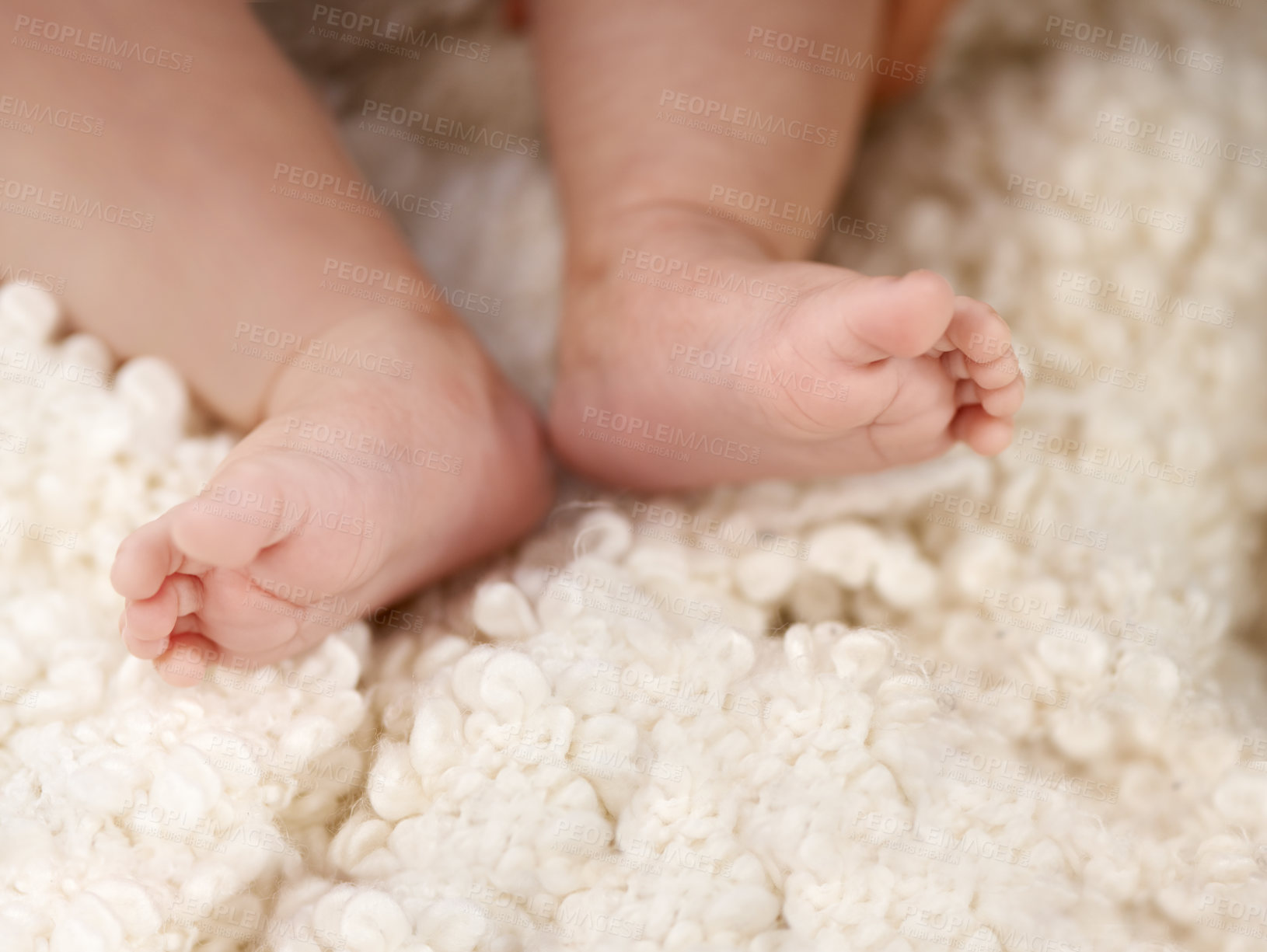 Buy stock photo Feet, comfort and rest for sleeping baby, tired or peaceful kid and nurture in blanket for relaxing in nursery. Child development, barefoot newborn or health, childcare and family home with growth