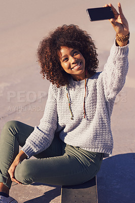 Buy stock photo Smile, skateboard and selfie of woman in city outdoor for social media vlog on internet in summer. Happy person, skate park and picture for photography, memory and blog for live streaming in town