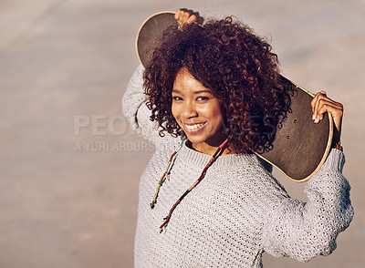 Buy stock photo Portrait, smile and woman with skateboard in city in summer for sport, fashion or mockup space outdoor. Happy person, skate park and face of young girl in casual clothes on street in South Africa