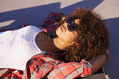 Buy stock photo Black woman, sunglasses and think with skateboard at skatepark or outdoor to think, vision and contemplate in Atlanta. Relax, female person and skater with hobby or sport for training and workout 