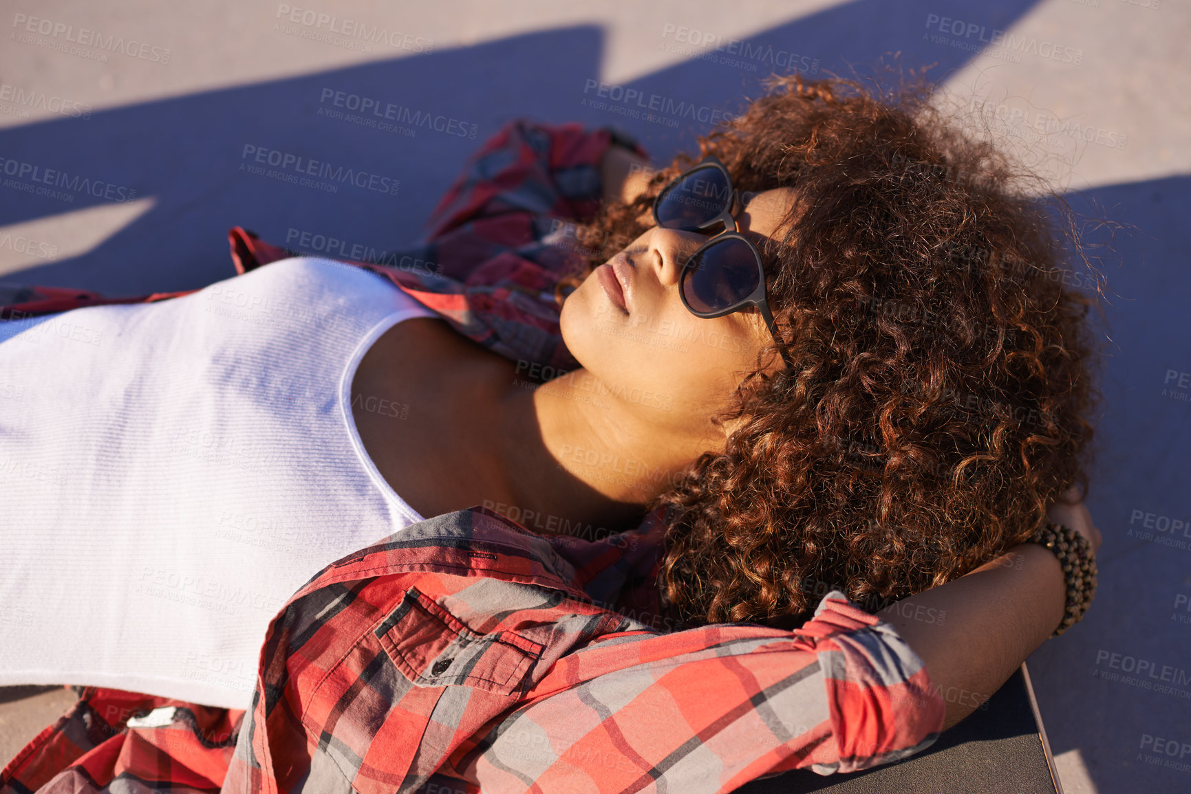 Buy stock photo Black woman, sunglasses and think with skateboard at skatepark or outdoor to think, vision and contemplate in Atlanta. Relax, female person and skater with hobby or sport for training and workout 