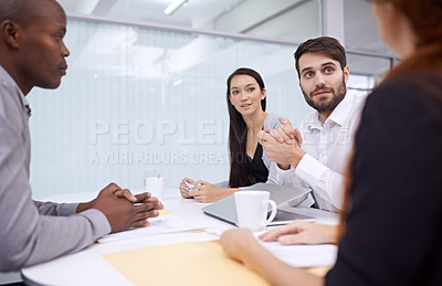 Buy stock photo People, business or meeting as teamwork, workshop or paper in planning, question or training. Team, employee or document as collaboration, review or company communication in office project report