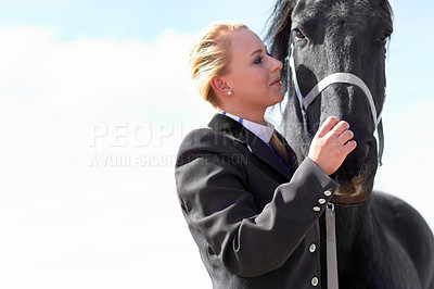 Buy stock photo Horse, sport and woman on equestrian training and competition ground with blue sky. Outdoor, sun female competitor and show horses stable with a rider athlete and animal with mockup in nature