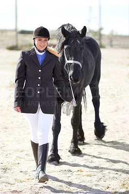 Buy stock photo Walking, sports and portrait of woman and horse for equestrian, competition and celebration. Happy, smile and animal show with female jockey and stallion for achievement performance and training