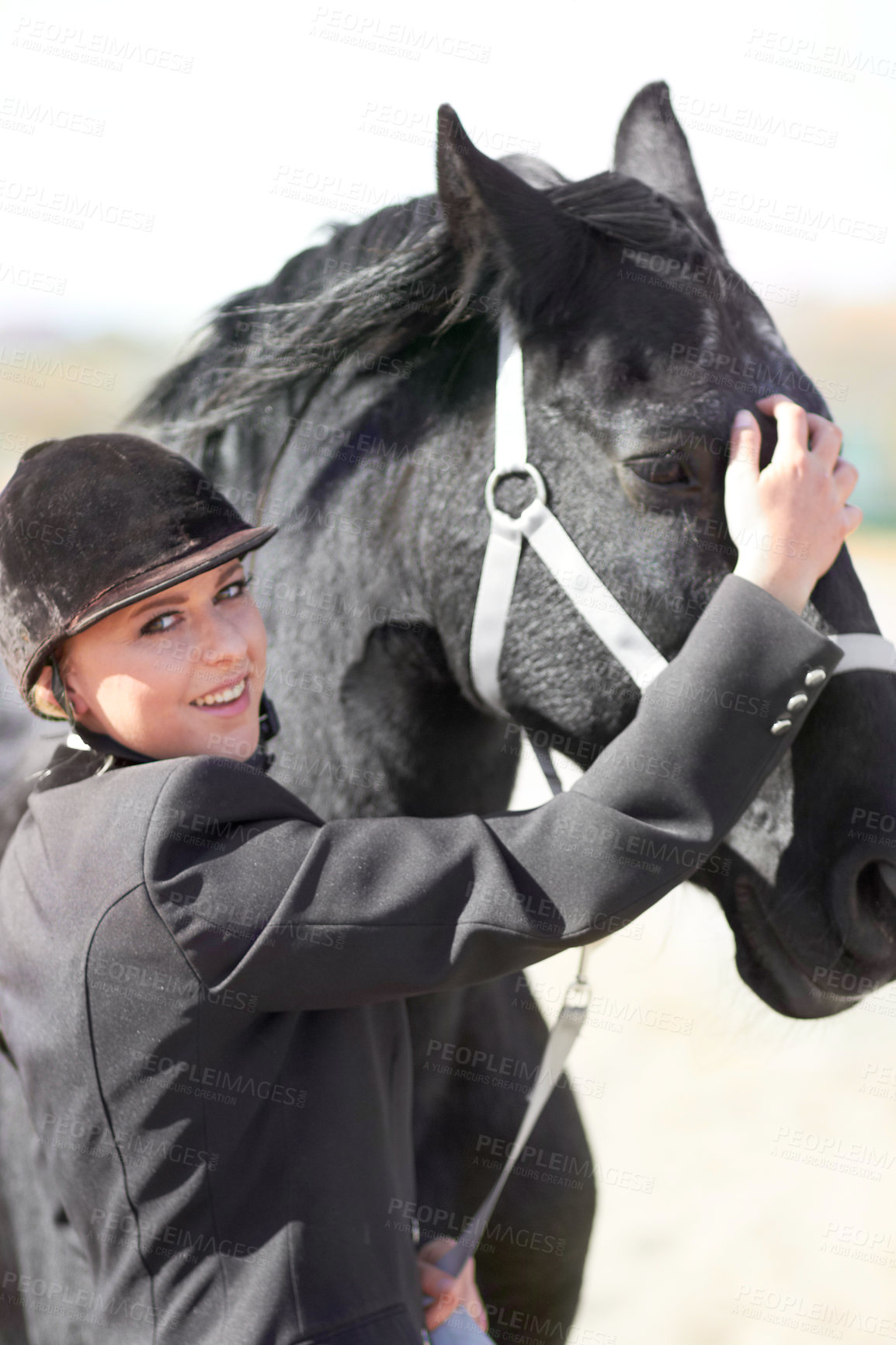 Buy stock photo Horse rider, trainer portrait and woman on equestrian training and competition ground. Outdoor, female competitor and show horses stable with a girl smile stroking an animal before riding with helmet