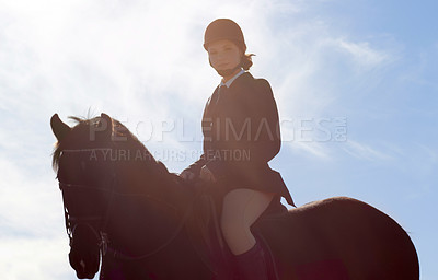 Buy stock photo Equestrian, lens flare and portrait of woman on horse for competition, training and show. Performance, riding and fitness with female jockey on stallion for animal, athlete and contest event