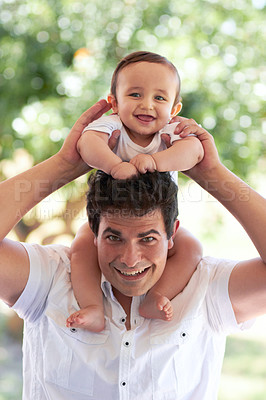 Buy stock photo Park portrait, happiness and father with baby for toddler love, happy family parents and enjoy time together in nature. Youth kid, bond or infant with backyard dad, papa or man smile for child care