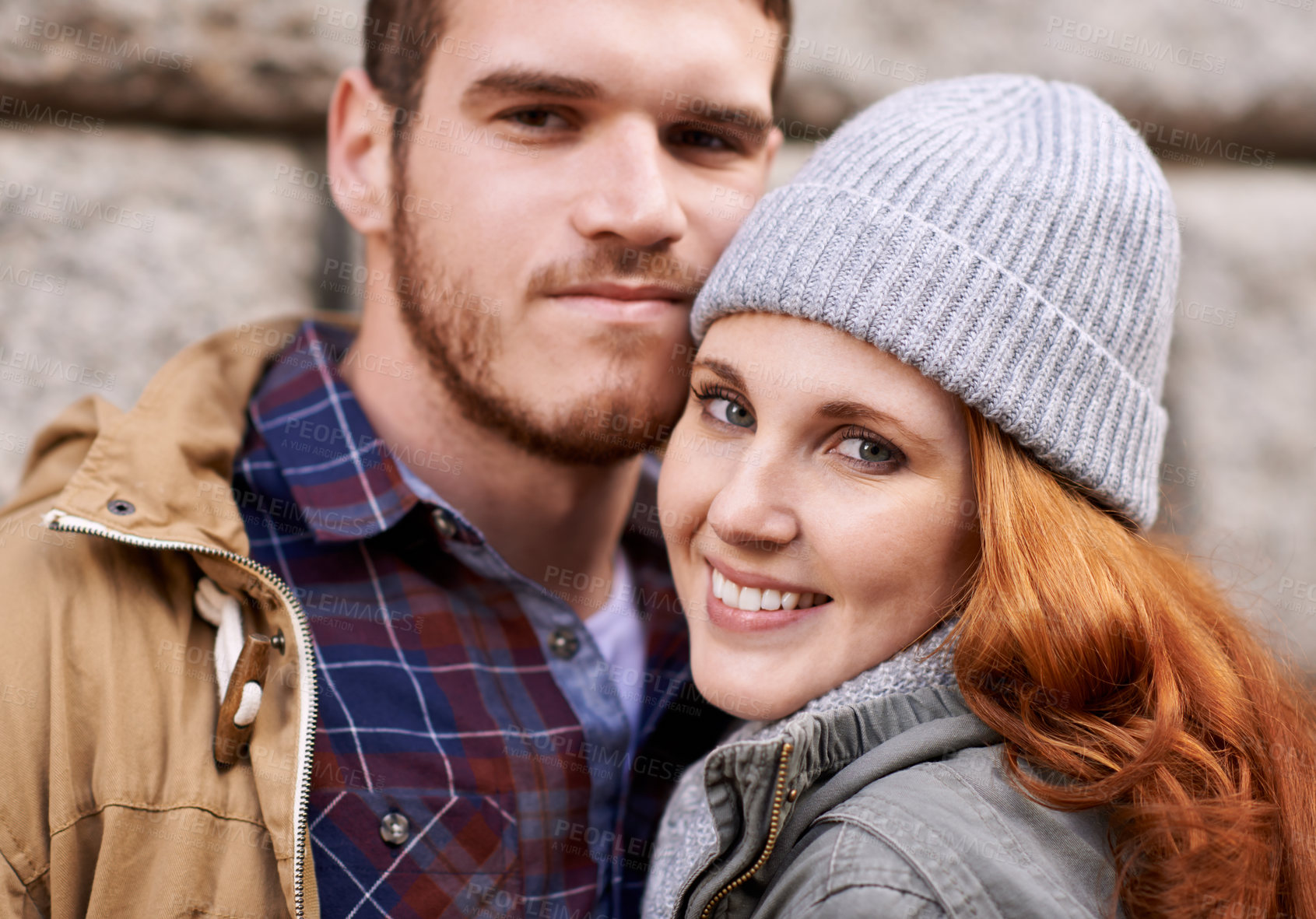 Buy stock photo Couple, portrait and smile with winter, date and adventure for love and happiness. Man, woman and romance with cozy, relationship and bonding with holiday or vacation for honeymoon with cold weather