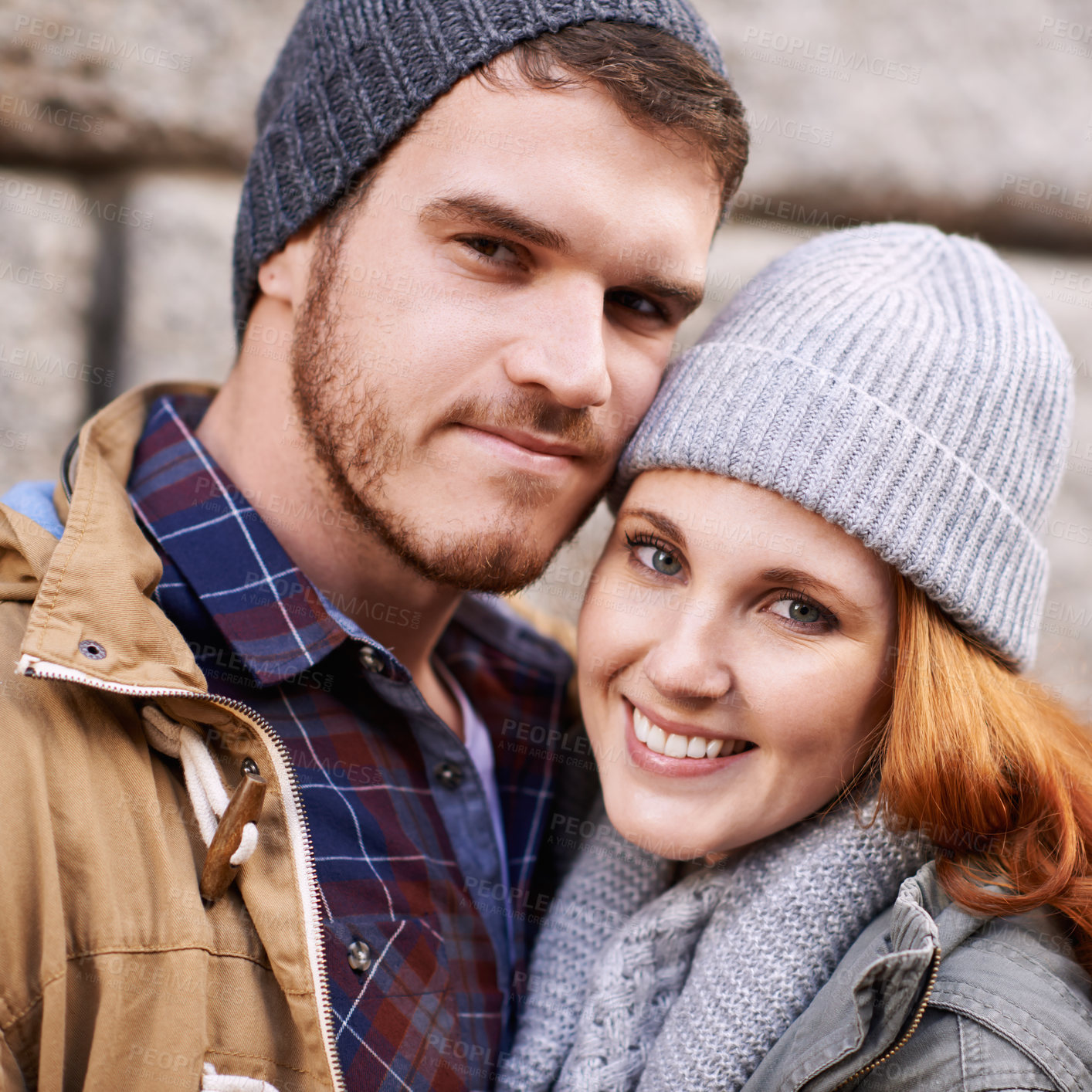 Buy stock photo Couple, portrait and smile with autumn, date and adventure for love and happiness. Man, woman and romance with cozy, relationship and bonding with holiday or vacation for honeymoon with cold weather