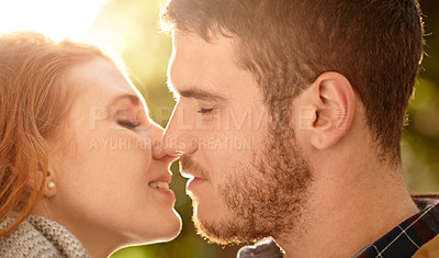 Buy stock photo Park, date and couple closeup with love in nature on holiday adventure or relax on vacation in woods. Together, man and woman with peace from support and care in marriage and travel forest in spring