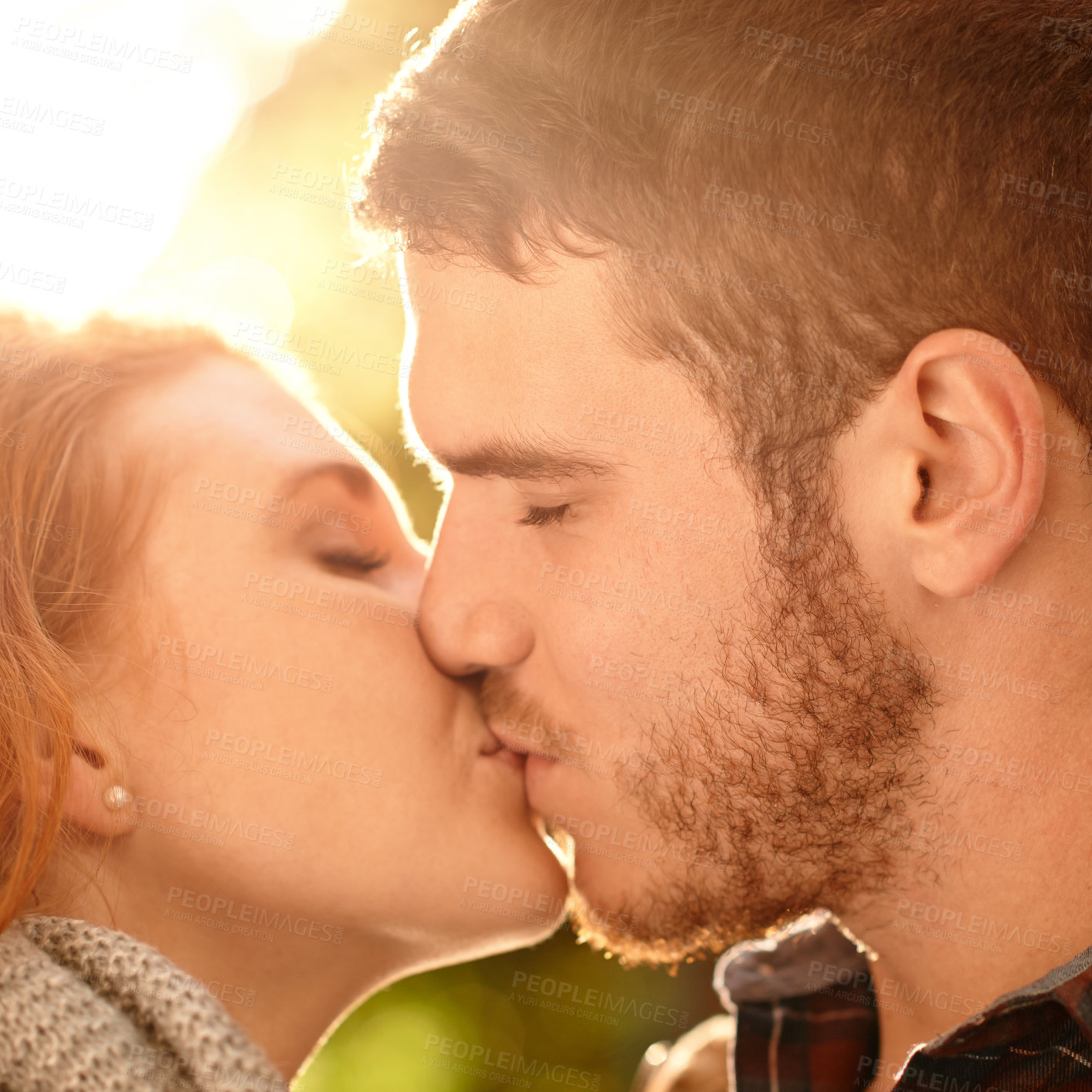 Buy stock photo Couple, kiss and date closeup with love in park nature on holiday adventure or relax on vacation in woods. Together, man and woman with support and care in marriage and travel forest in morning