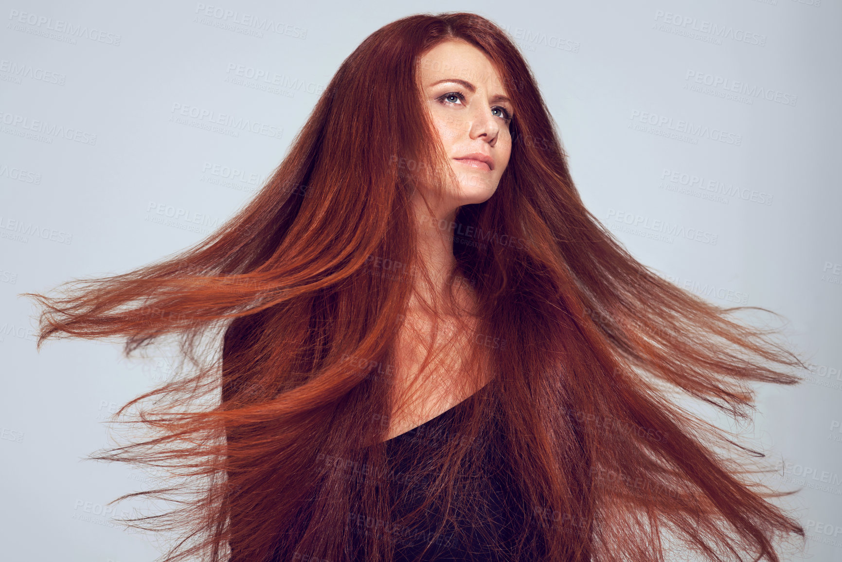 Buy stock photo Haircare, beauty and cosmetic treatment for female person, spa and salon on studio background. Hairstyle, straight and healthy hair for Scottish woman model, keratin and long for redhead or ginger