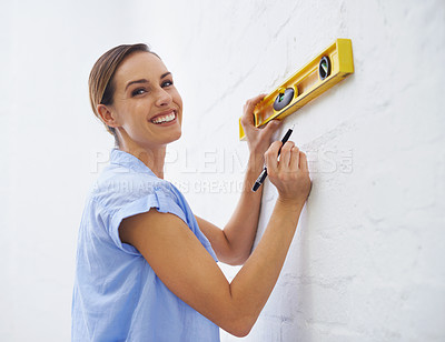 Buy stock photo Level, wall and portrait of woman in house for interior design or renovation project and tools to align. Female person, remodeling and diy for home improvement or development and repair for upgrade