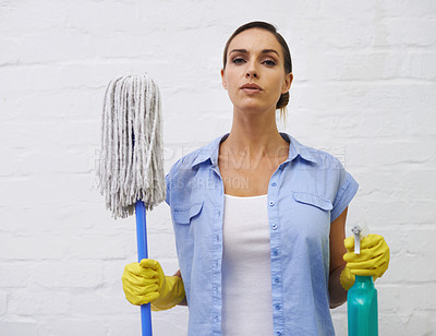 Buy stock photo Mop, spray and portrait of woman cleaning in bathroom, home or hotel with confidence. Housework, mission and proud girl, housekeeper or cleaner service washing dirt, germs and sanitation in apartment