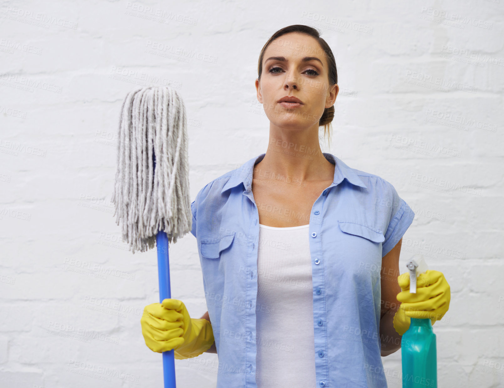 Buy stock photo Mop, spray and portrait of woman cleaning in bathroom, home or hotel with confidence. Housework, mission and proud girl, housekeeper or cleaner service washing dirt, germs and sanitation in apartment