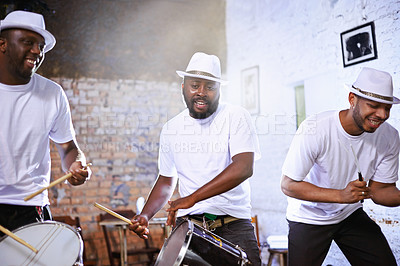 Buy stock photo Band, carnival and entertainment or performance, show and musician in group. Concert, music or fun celebration for musical artist, smile and drum for male Brazilian talent or acoustic with lens flare