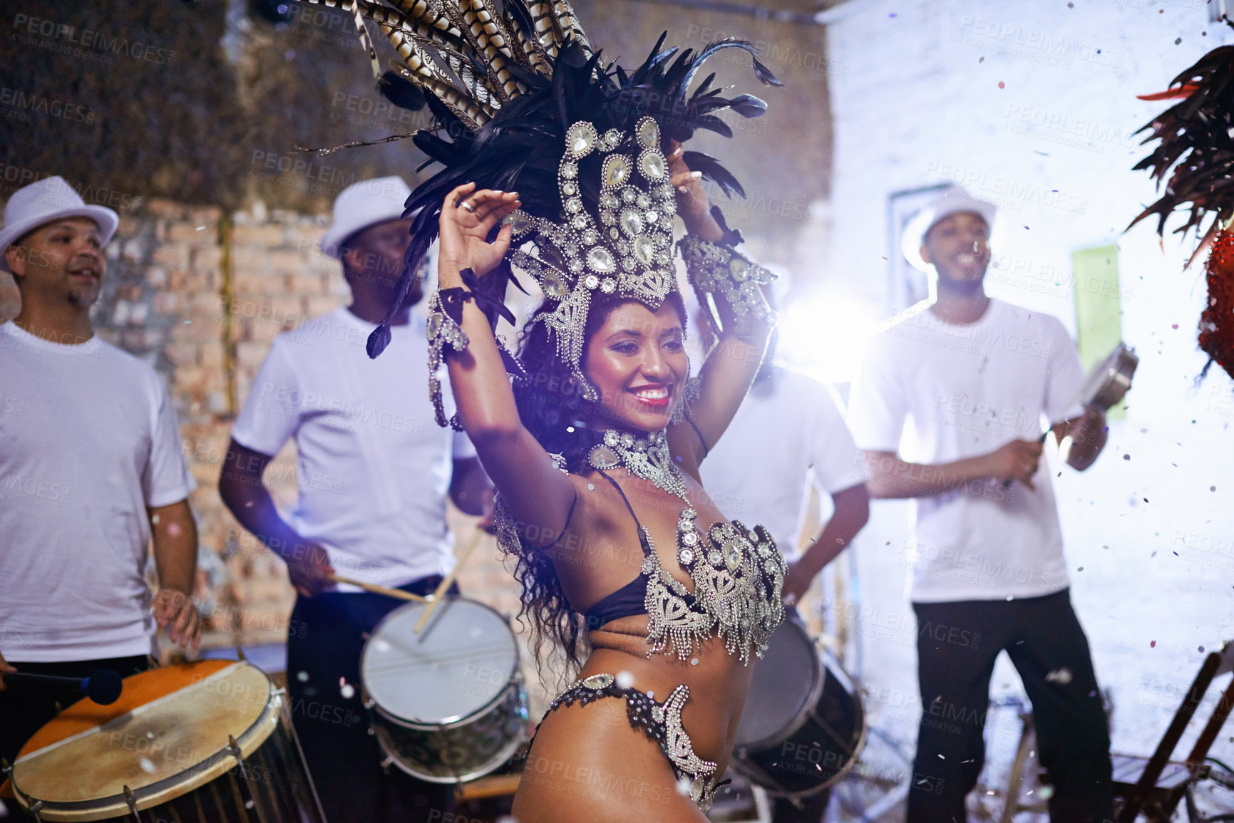 Buy stock photo Woman, samba and dancer with performance at carnival, band or show with smile, culture or creative in nightclub. Girl, people and dancing to music, stage and fashion for celebration in Rio de Janeiro