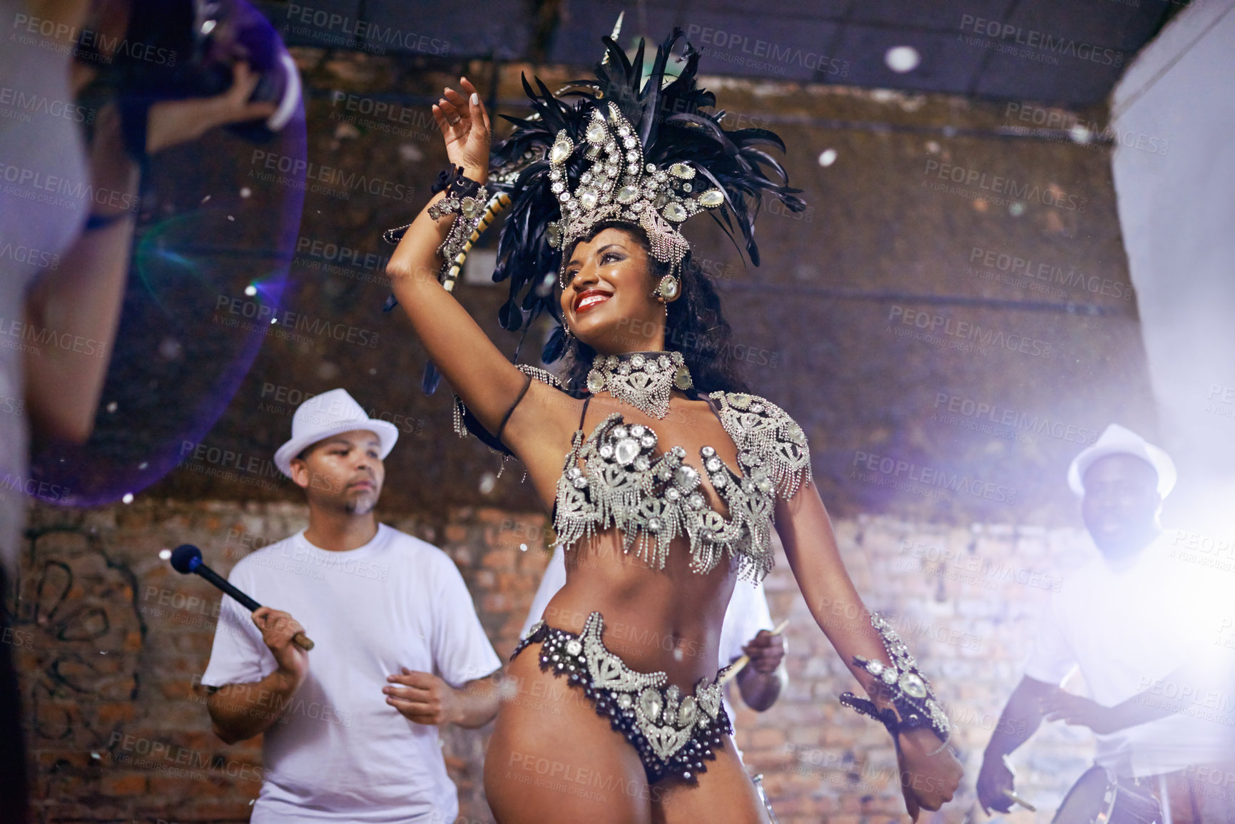 Buy stock photo Woman, smile and dancer with concert at carnival, band or show for steps, culture or creative in nightclub. Girl, people and dancing to music, performance or fashion for celebration in Rio de Janeiro