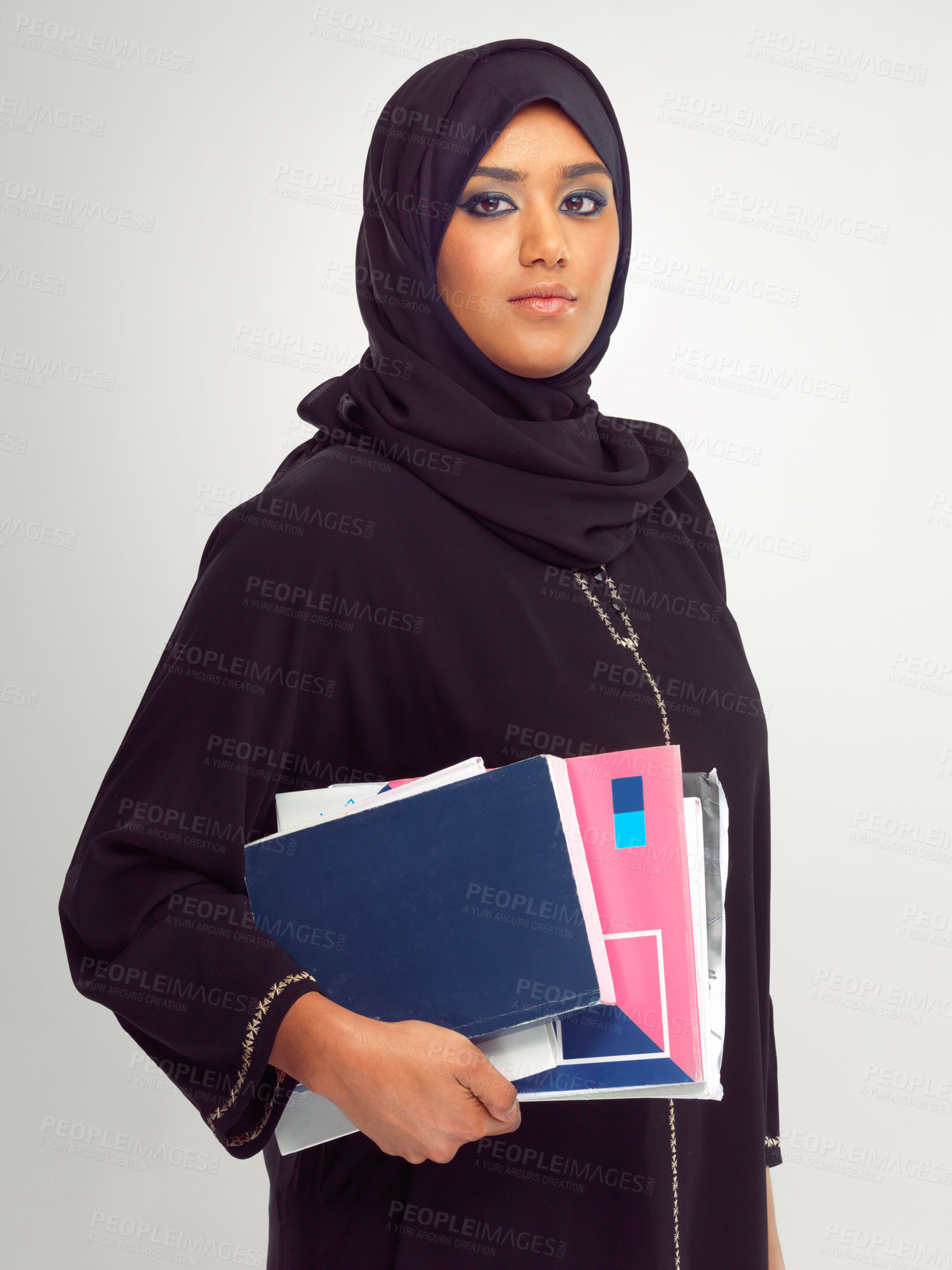 Buy stock photo Books, portrait and muslim student isolated on white background in education, learning and university. International college, culture and islam woman with notebook, study religion or faith in studio