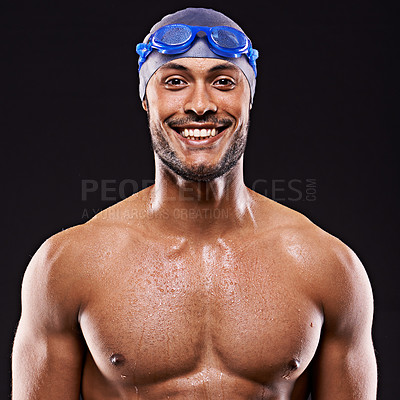 Buy stock photo Studio, swimmer and man smile for portrait, sport and workout for training and exercise for body. Athlete, adult and male person withs strength, professional and champion in black background