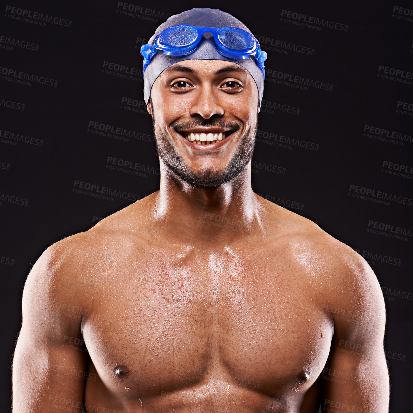Buy stock photo Studio, swimmer and man smile for portrait, sport and workout for training and exercise for body. Athlete, adult and male person withs strength, professional and champion in black background