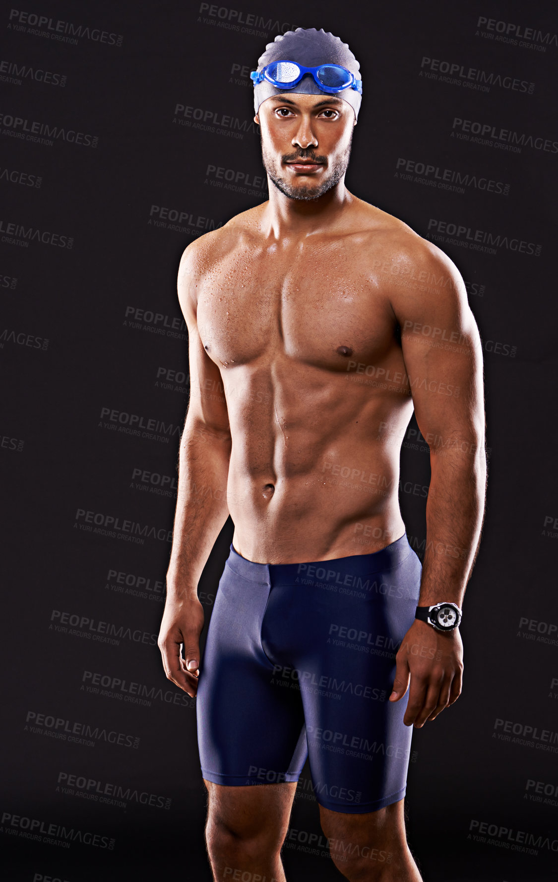 Buy stock photo Studio, swimmer and portrait of man, serious and workout for training and exercise for body. Athlete, adult and male person with strength, professional and champion for career in black background