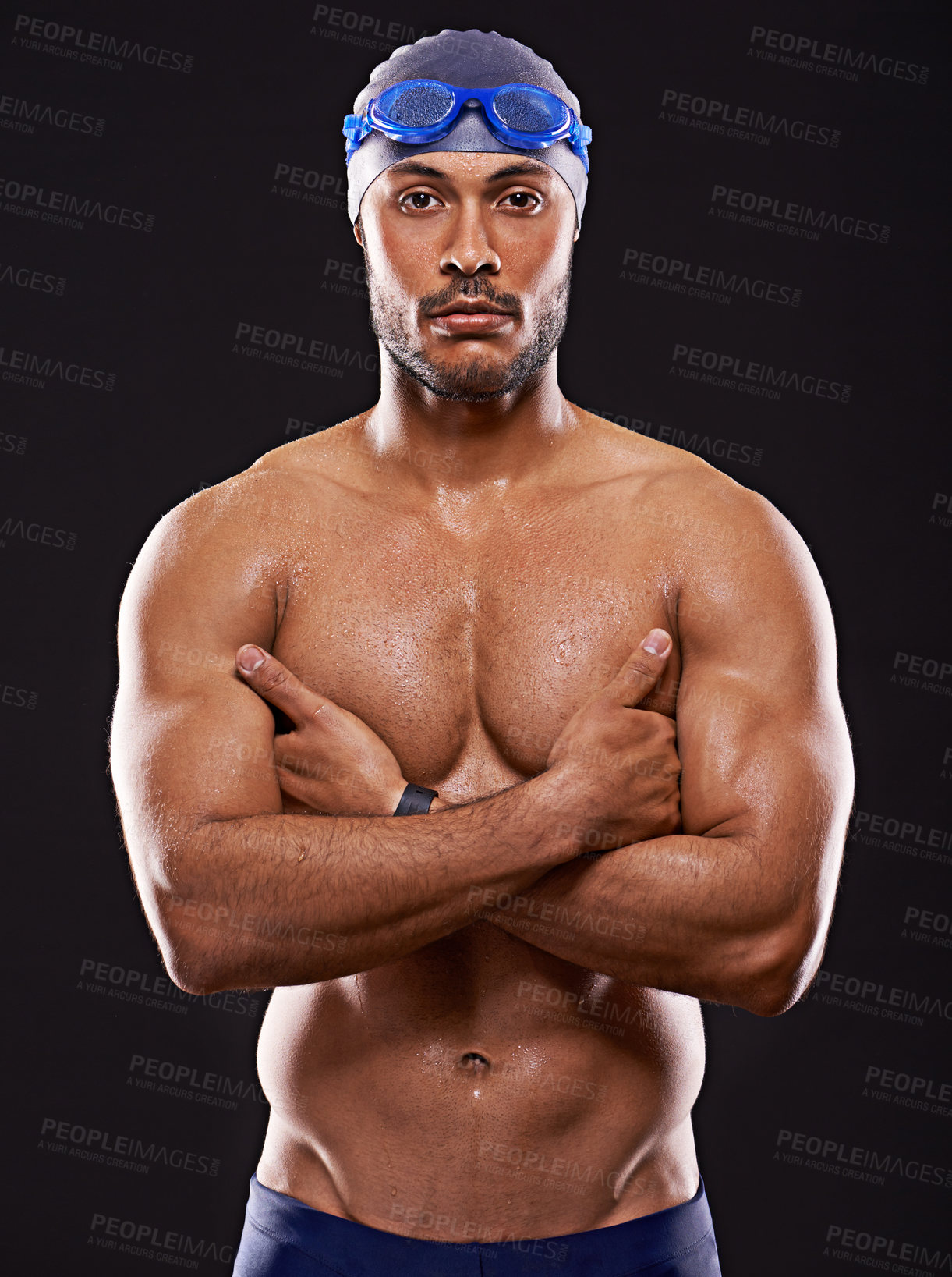 Buy stock photo Studio, swimmer and portrait of man, strong and confident with health of body for competition. Professional, athlete and male person with aesthetic for sport, wellness and energy for training