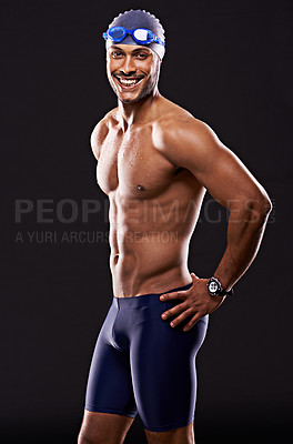 Buy stock photo Studio, happiness and swimmer smile, portrait and workout for sport and exercise for body. Athlete, adult and male person with strength, professional and champion for career in black background