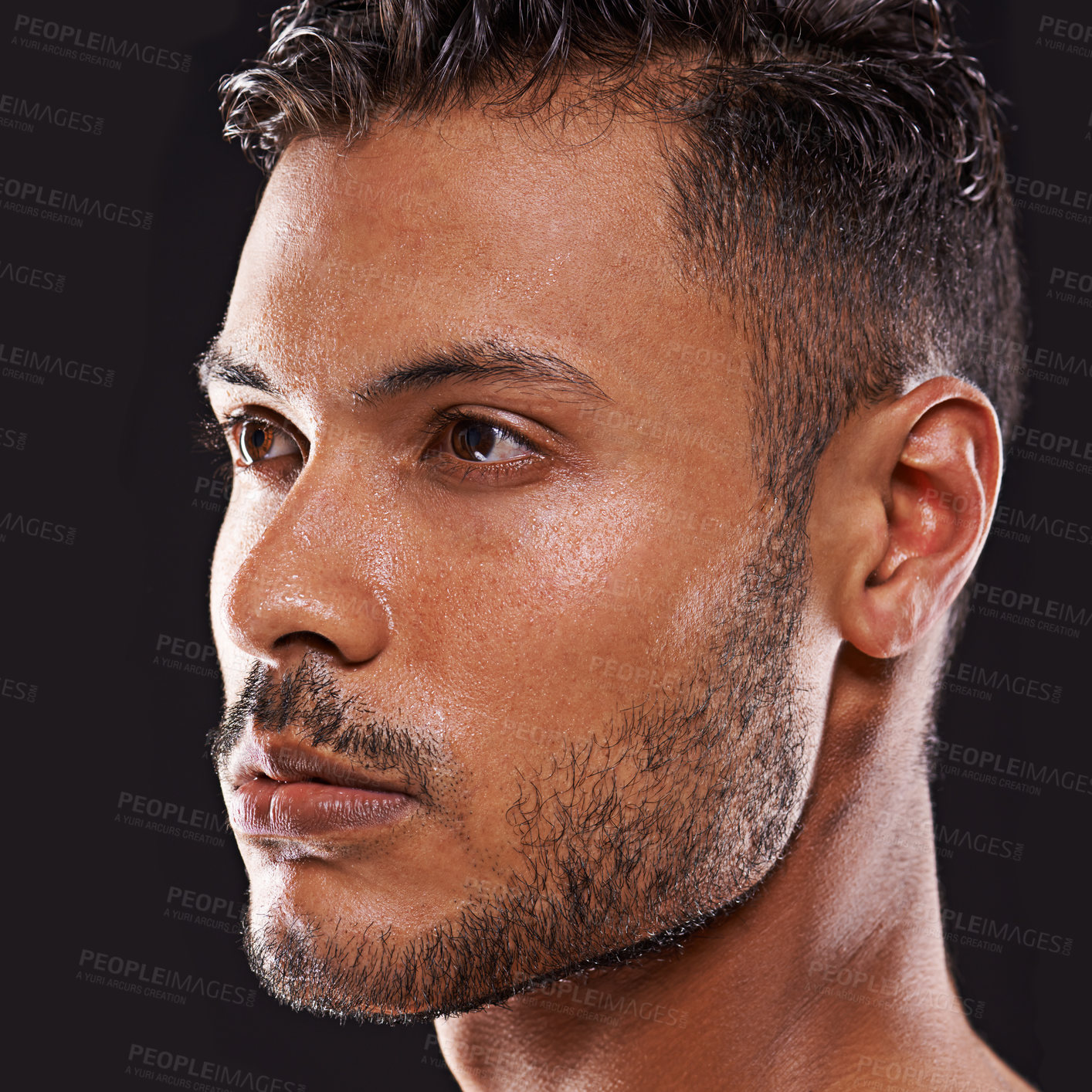 Buy stock photo Thinking, skincare and man in studio closeup for wellness, dermatology or skin cleaning on black background.Calm, water and male model with masculine beauty idea, cosmetics or facial splash treatment